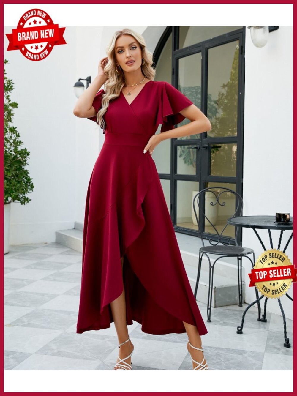 Elegant V-Neck Wrap Ruffle Split Formal Dress - Picture 6 of 6